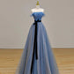 Grey tulle floor length ball gown, A-line off-the-shoulder evening gown nv2833