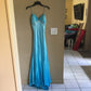 Blau glänzend elegante einzigartige Spaghettiträger lange Satin Ballkleid Abendkleid Partykleid nv3726