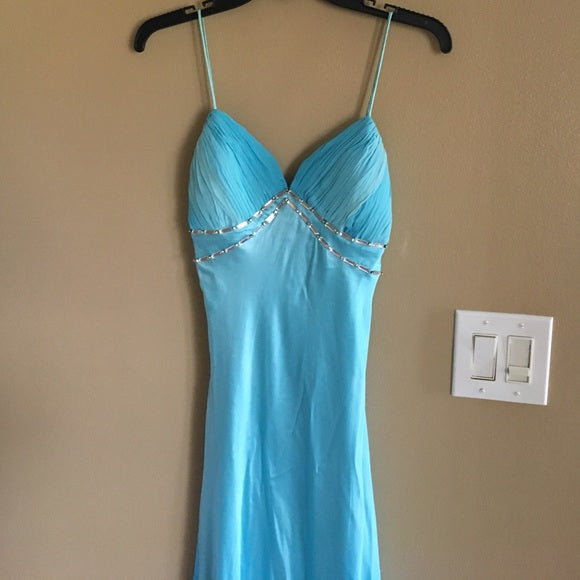 Blau glänzend elegante einzigartige Spaghettiträger lange Satin Ballkleid Abendkleid Partykleid nv3726