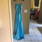 Blau glänzend elegante einzigartige Spaghettiträger lange Satin Ballkleid Abendkleid Partykleid nv3726