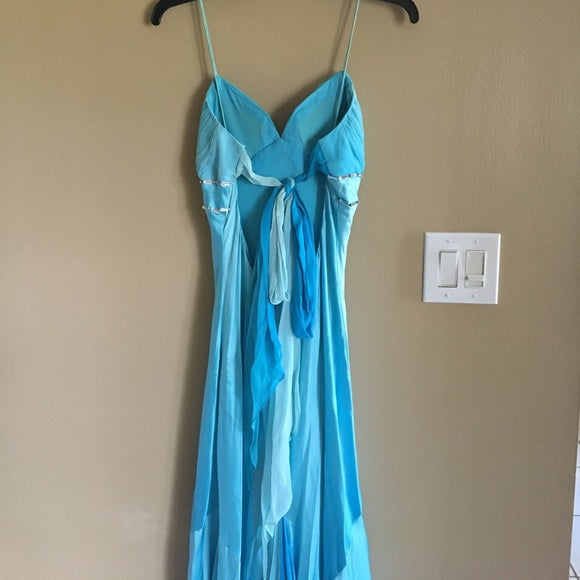 Blau glänzend elegante einzigartige Spaghettiträger lange Satin Ballkleid Abendkleid Partykleid nv3726