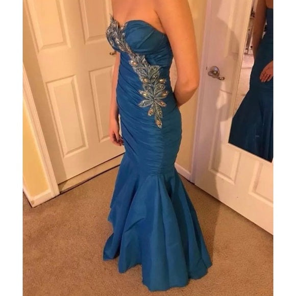 Blau Vintage-Mode exquisite Applikation Perlen elegante lange Satin Ballkleid, Abendkleid, Partykleid nv3690