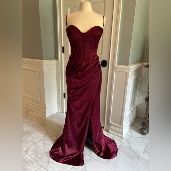 Burgund elegante mode neuankömmling exquisite korsett lange satin bodenlangen sexy schlitz ballkleid abendkleid partykleid nv3647