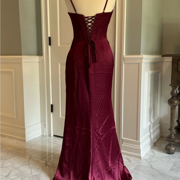 Burgund elegante mode neuankömmling exquisite korsett lange satin bodenlangen sexy schlitz ballkleid abendkleid partykleid nv3647