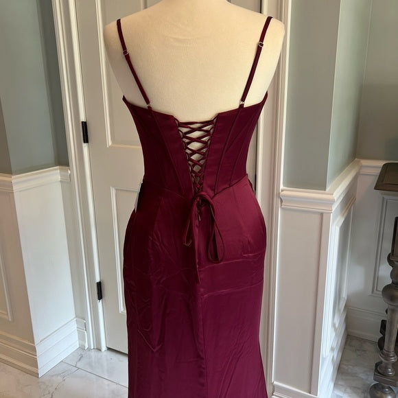 Burgund elegante mode neuankömmling exquisite korsett lange satin bodenlangen sexy schlitz ballkleid abendkleid partykleid nv3647