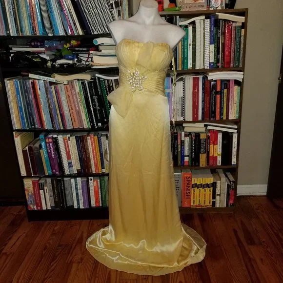 Robe de soirée longue en tulle, élégante et vintage, couleur jaune crème, épaules dénudées, longueur au sol, robe de bal, robe de soirée nv3714