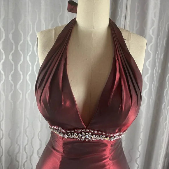 Burgunderrotes, elegantes, exquisites, perlenbesetztes, trägerloses A-Linien-Kleid aus Satin, formelles Ballkleid, Abendkleid, Partykleid nv3687
