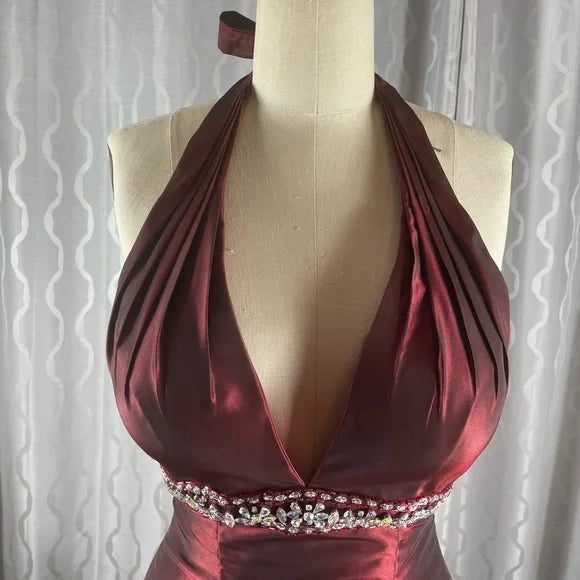 Burgunderrotes, elegantes, exquisites, perlenbesetztes, trägerloses A-Linien-Kleid aus Satin, formelles Ballkleid, Abendkleid, Partykleid nv3687