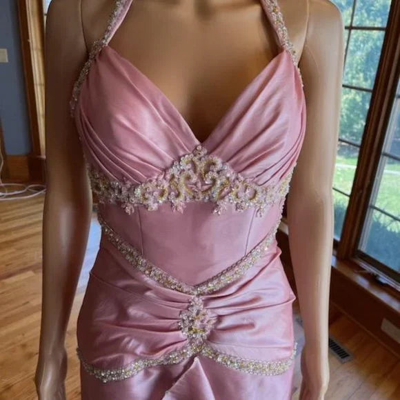 Robe de soirée longue en taffetas rose, magnifique et exquise, ornée de perles, nv3659
