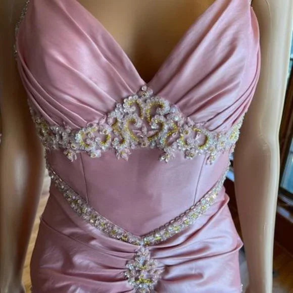 Robe de soirée longue en taffetas rose, magnifique et exquise, ornée de perles, nv3659