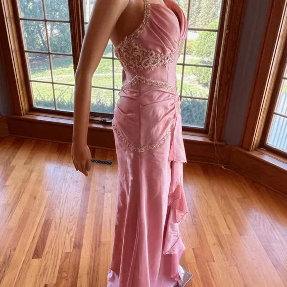 Robe de soirée longue en taffetas rose, magnifique et exquise, ornée de perles, nv3659