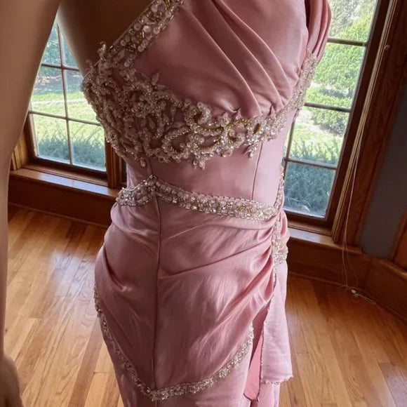 Robe de soirée longue en taffetas rose, magnifique et exquise, ornée de perles, nv3659