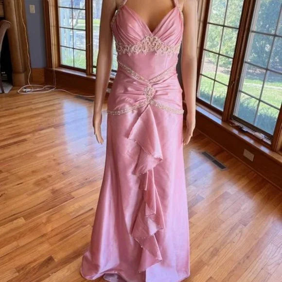 Robe de soirée longue en taffetas rose, magnifique et exquise, ornée de perles, nv3659