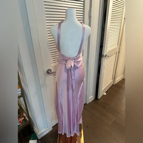 Rosa Mode Elegant V-Ausschnitt Rückenfrei Langes Satin Ballkleid Abendkleid Partykleid nv3583