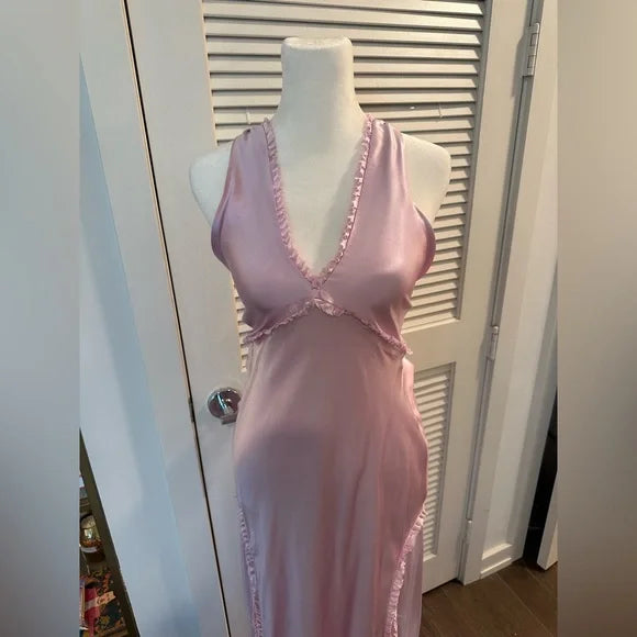 Rosa Mode Elegant V-Ausschnitt Rückenfrei Langes Satin Ballkleid Abendkleid Partykleid nv3583