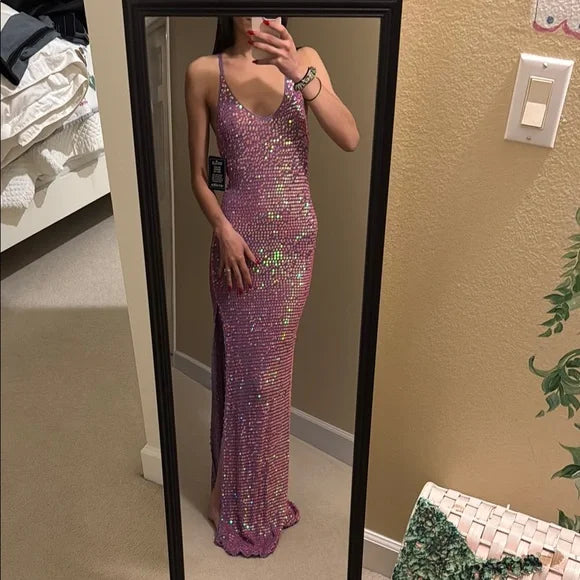 Robe de soirée longue à paillettes, rose, élégante, col en V, robe de bal, robe de fête d'anniversaire, robe de bal, nv3840
