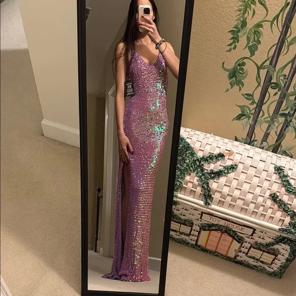 Robe de soirée longue à paillettes, rose, élégante, col en V, robe de bal, robe de fête d'anniversaire, robe de bal, nv3840