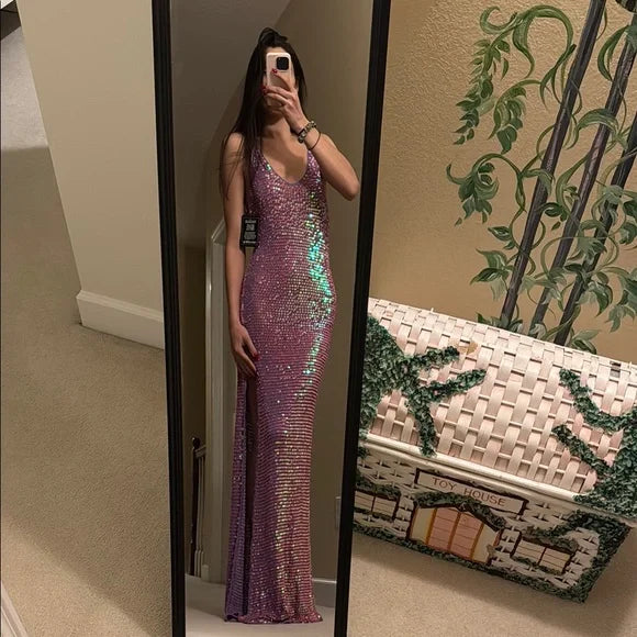 Robe de soirée longue à paillettes, rose, élégante, col en V, robe de bal, robe de fête d'anniversaire, robe de bal, nv3840