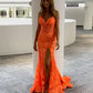 Robe longue en dentelle à col en V, style sirène, coupe slim, fente latérale, robe de soirée, orange, nv120