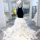 Schwarzes und weißes, einschultriges, ärmelloses, mehrlagiges Meerjungfrau-Abendkleid, langes Ballkleid, nv1923