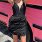 Schwarzes, schmal geschnittenes Homecoming-Kleid mit Pailletten und Federn, Partykleid, Ballkleid nv2054