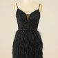 Schwarzes, schmal geschnittenes Homecoming-Kleid mit Pailletten und Federn, Partykleid, Ballkleid nv2054