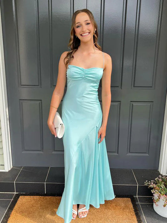 Blaues schlichtes, elegantes Spaghettiträgerkleid mit langen Seitenschlitzen, schmale Passform, Ballkleid, Abendkleid, Partykleid, NV1640