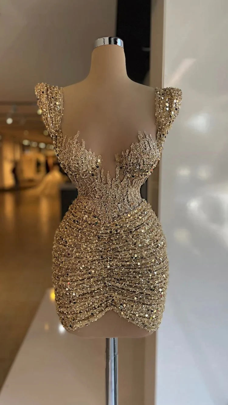Robe de soirée de Noël courte de luxe à paillettes brillantes dorées, nouvelle collection, robe de retour à la maison nv3072