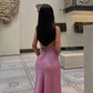 Pink V Neck Satin Long Ball Gown Wedding Guest Dress Evening Gown nv1879