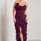 Robe de soirée élégante en mousseline de soie violette, longue, à volants, bretelles spaghetti, robe de soirée, robe de soirée, robe d'invitée de mariage, robe de bal, nv3826