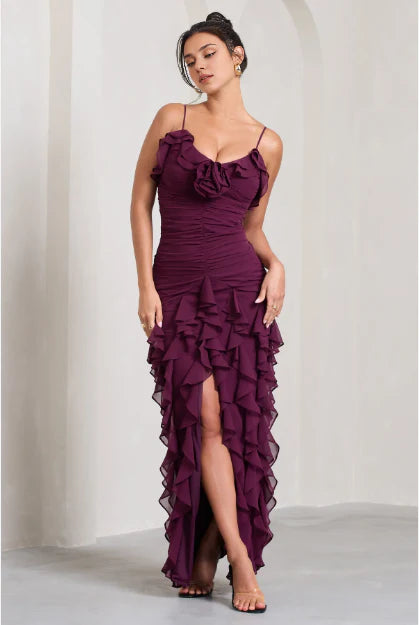 Robe de soirée élégante en mousseline de soie violette, longue, à volants, bretelles spaghetti, robe de soirée, robe de soirée, robe d'invitée de mariage, robe de bal, nv3826