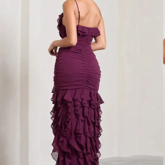 Robe de soirée élégante en mousseline de soie violette, longue, à volants, bretelles spaghetti, robe de soirée, robe de soirée, robe d'invitée de mariage, robe de bal, nv3826