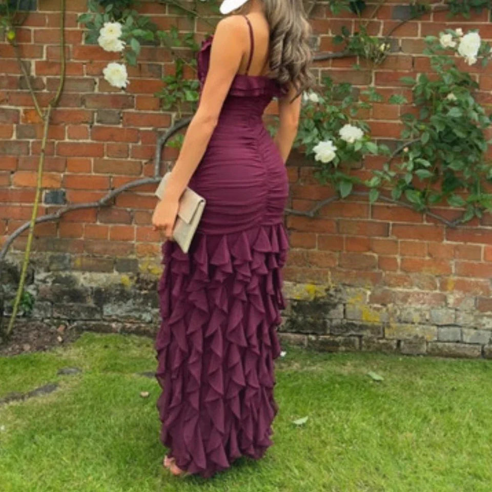 Robe de soirée élégante en mousseline de soie violette, longue, à volants, bretelles spaghetti, robe de soirée, robe de soirée, robe d'invitée de mariage, robe de bal, nv3826