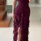 Robe de soirée élégante en mousseline de soie violette, longue, à volants, bretelles spaghetti, robe de soirée, robe de soirée, robe d'invitée de mariage, robe de bal, nv3826