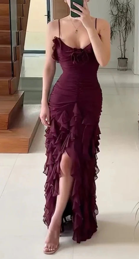 Robe de soirée élégante en mousseline de soie violette, longue, à volants, bretelles spaghetti, robe de soirée, robe de soirée, robe d'invitée de mariage, robe de bal, nv3826