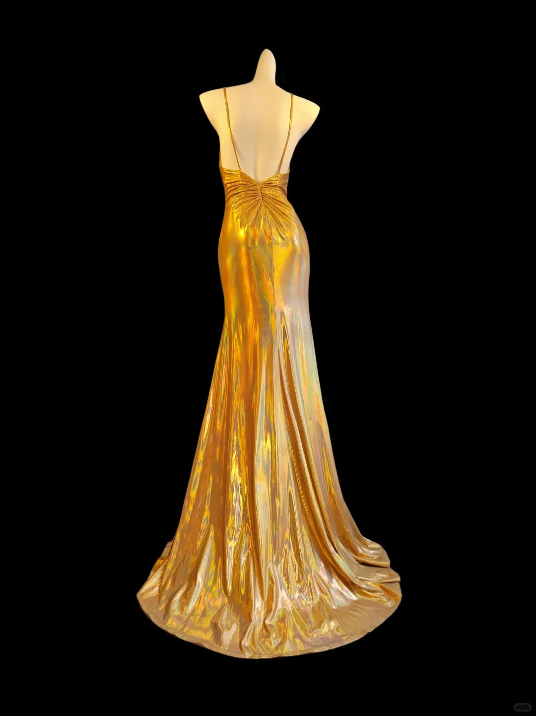 Vintage Gold Elegant Spaghettiträger Schlitz Sexy Langes Satin Ballkleid Abendkleid NV5233