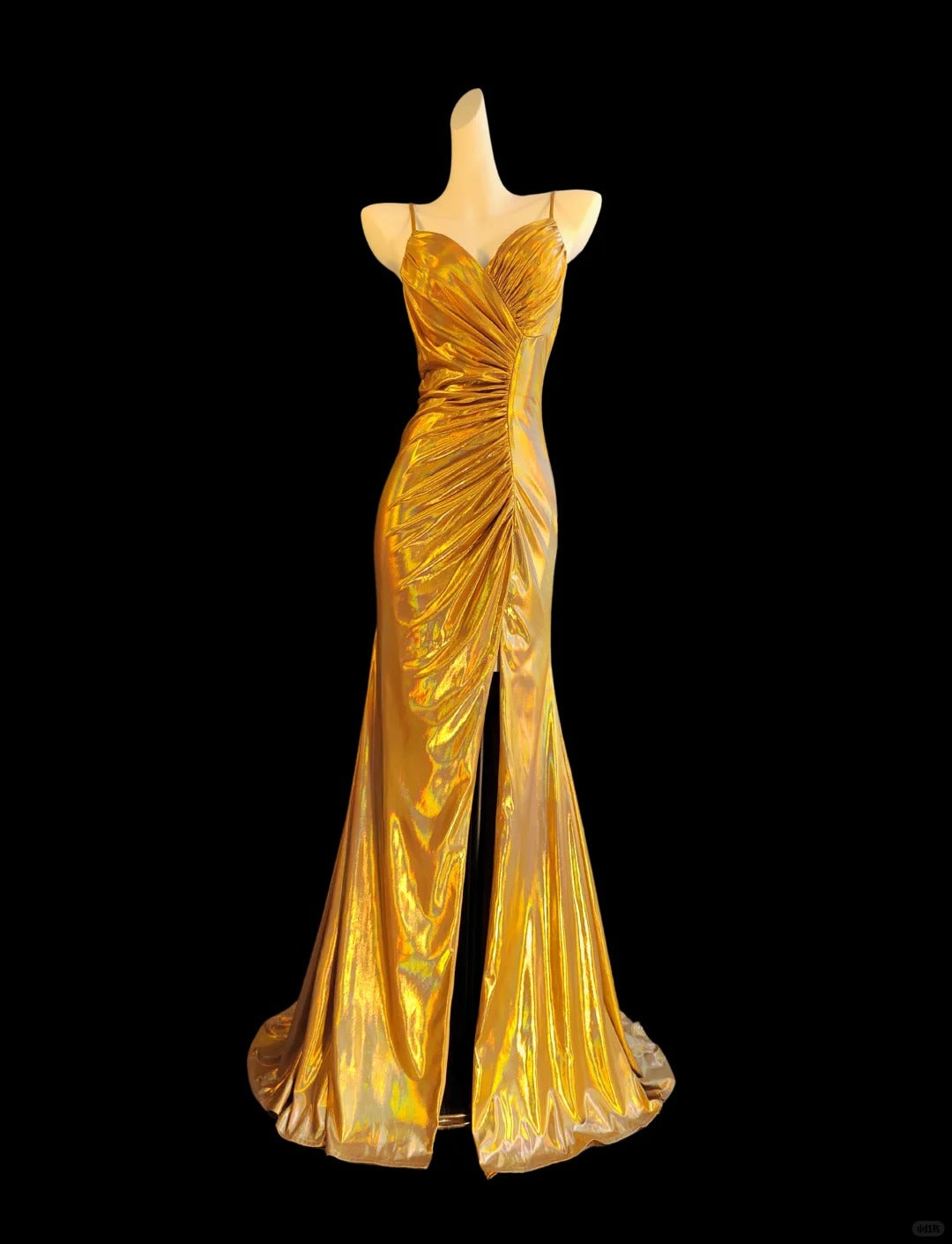 Vintage Gold Elegant Spaghettiträger Schlitz Sexy Langes Satin Ballkleid Abendkleid NV5233
