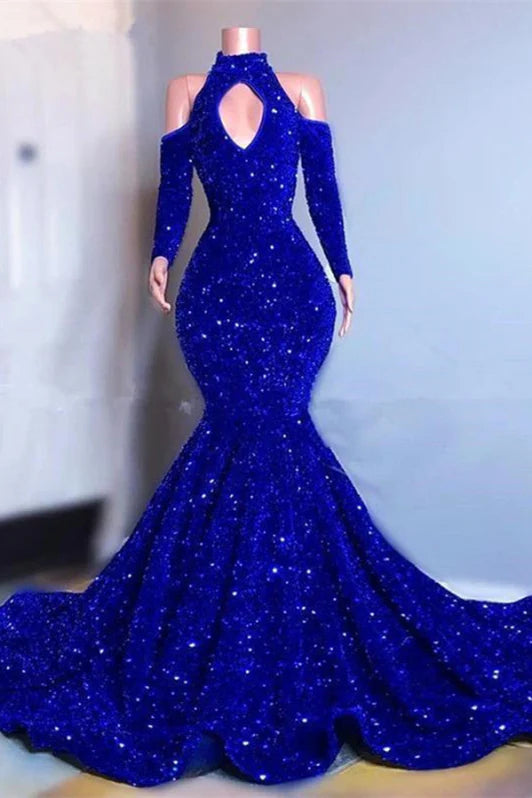 NiceVestidos - Robe de bal longue à manches longues et épaules dénudées, ornée de sequins, bleu royal NV6061