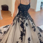 Dunkelgrau-schwarzes Spitzenkleid mit Farbverlauf | Glitzerndes Tüll-Abendkleid mit Schleppe, trägerlos/mit Spaghettiträgern, atemberaubendes Abendkleid NV6323