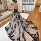 Dunkelgrau-schwarzes Spitzenkleid mit Farbverlauf | Glitzerndes Tüll-Abendkleid mit Schleppe, trägerlos/mit Spaghettiträgern, atemberaubendes Abendkleid NV6323
