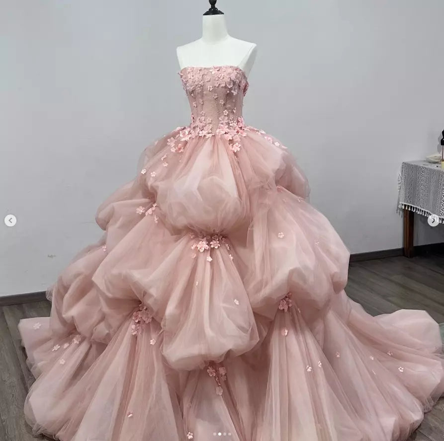 Robe de soirée longue en tulle rose, élégante et exquise, avec des appliques florales, robe de mariée nv3819