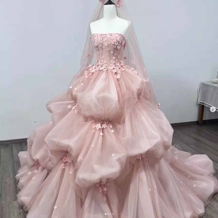 Robe de soirée longue en tulle rose, élégante et exquise, avec des appliques florales, robe de mariée nv3819