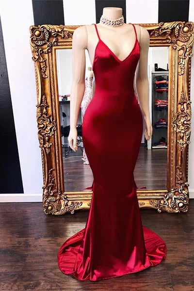Rot/Lila Mode Sexy V-Ausschnitt Spaghettiträger Lange Rückenfreie Krawatte Meerjungfrau Fit Bodenlangen Ballkleid Abendkleid Partykleid nv3668