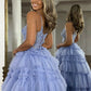 Robe de bal longue bleue en tulle et dentelle à col en V, robe de soirée longue bleue nv1500