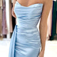 Robe de bal plissée sans bretelles bleu ciel style sirène avec volants fendus nv1631