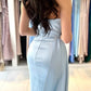 Robe de bal plissée sans bretelles bleu ciel style sirène avec volants fendus nv1631