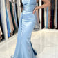 Robe de bal plissée sans bretelles bleu ciel style sirène avec volants fendus nv1631