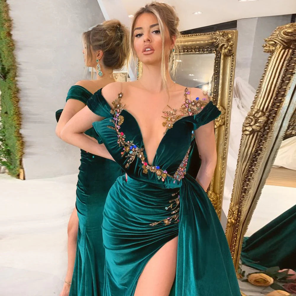 Grünes, luxuriöses, wunderschönes, modisches Perlendekor, tiefem V-Ausschnitt, langem Schlitz, bodenlanges Abendkleid, Ballkleid, NV280