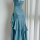NiceVestidos – Ärmelloses, glänzendes, schmal geschnittenes, bodenlanges Abendkleid in Seeblau, NV5784