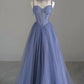 Blue spaghetti strap tulle beaded long ball gown, beautiful A-line evening dress  nv1706